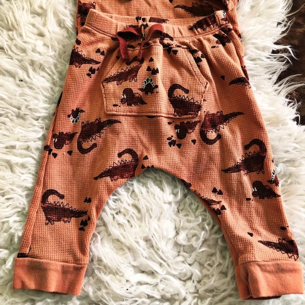 Old Navy Rusty Orange Two Piece Red Dinosaur Print Onesie and Pants 6-12 M
